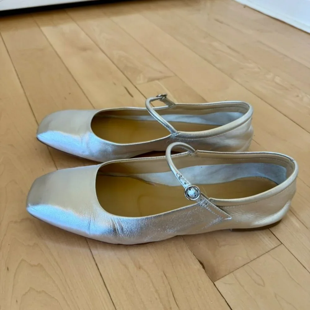 Aeyde Metallic Silver Mary Jane Flats